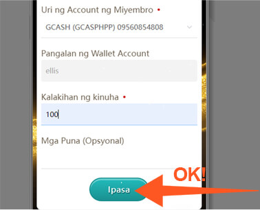 Fill out the withdrawal information and click on “Ipasa”